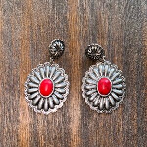Silver and Red Floral Earrings